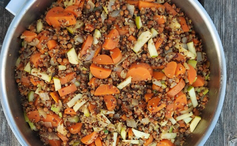 Lentils and Quinoa in a frying pan