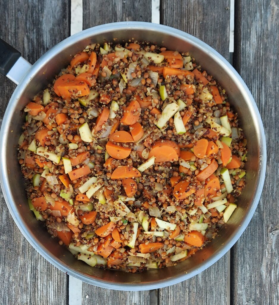 Lentils and Quinoa in a frying pan